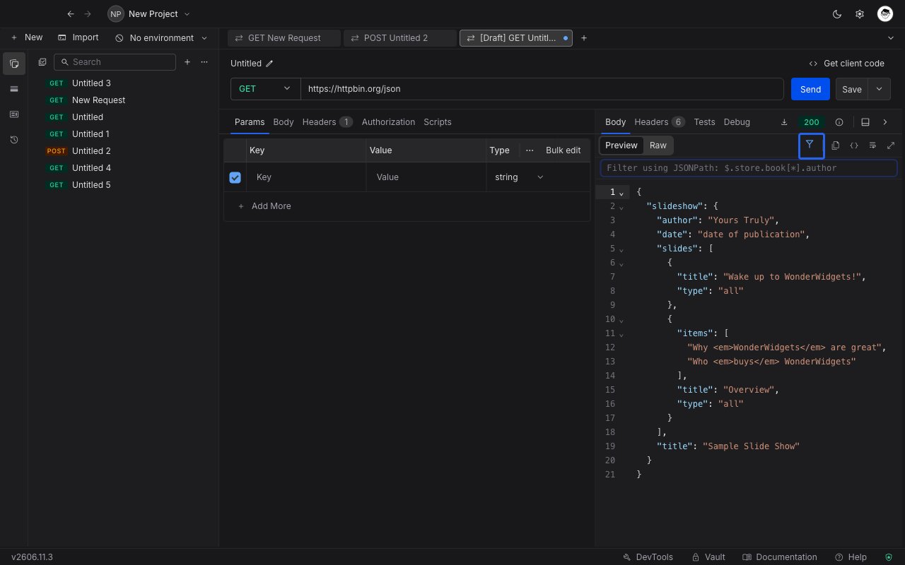 The JSON response Preview view with the funnel icon highlighted and the filter bar revealed below the toolbar