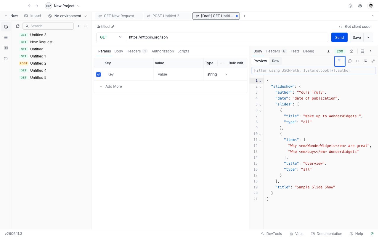 The JSON response Preview view with the funnel icon highlighted and the filter bar revealed below the toolbar