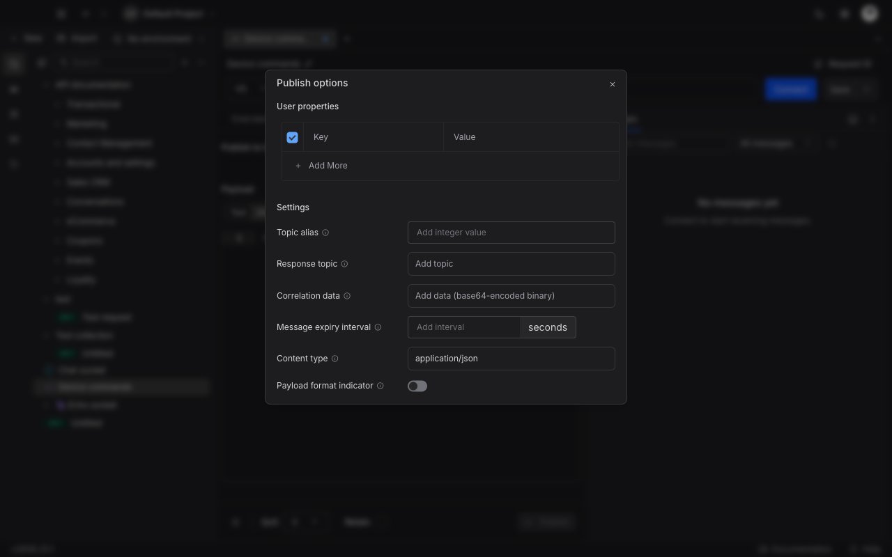Publish options dialog for an MQTT 5.0 request showing user properties and the topic alias, response topic, correlation data, message expiry, content type, and payload format fields