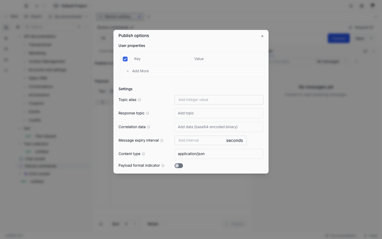 Publish options dialog for an MQTT 5.0 request showing user properties and the topic alias, response topic, correlation data, message expiry, content type, and payload format fields