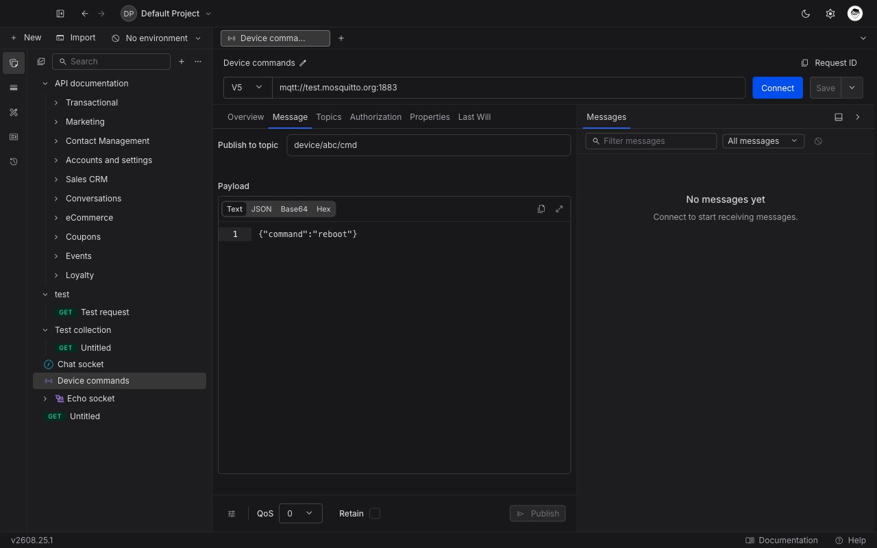 MQTT request editor in Requestly with the broker URL bar, the Message tab open, and the empty message timeline on the right