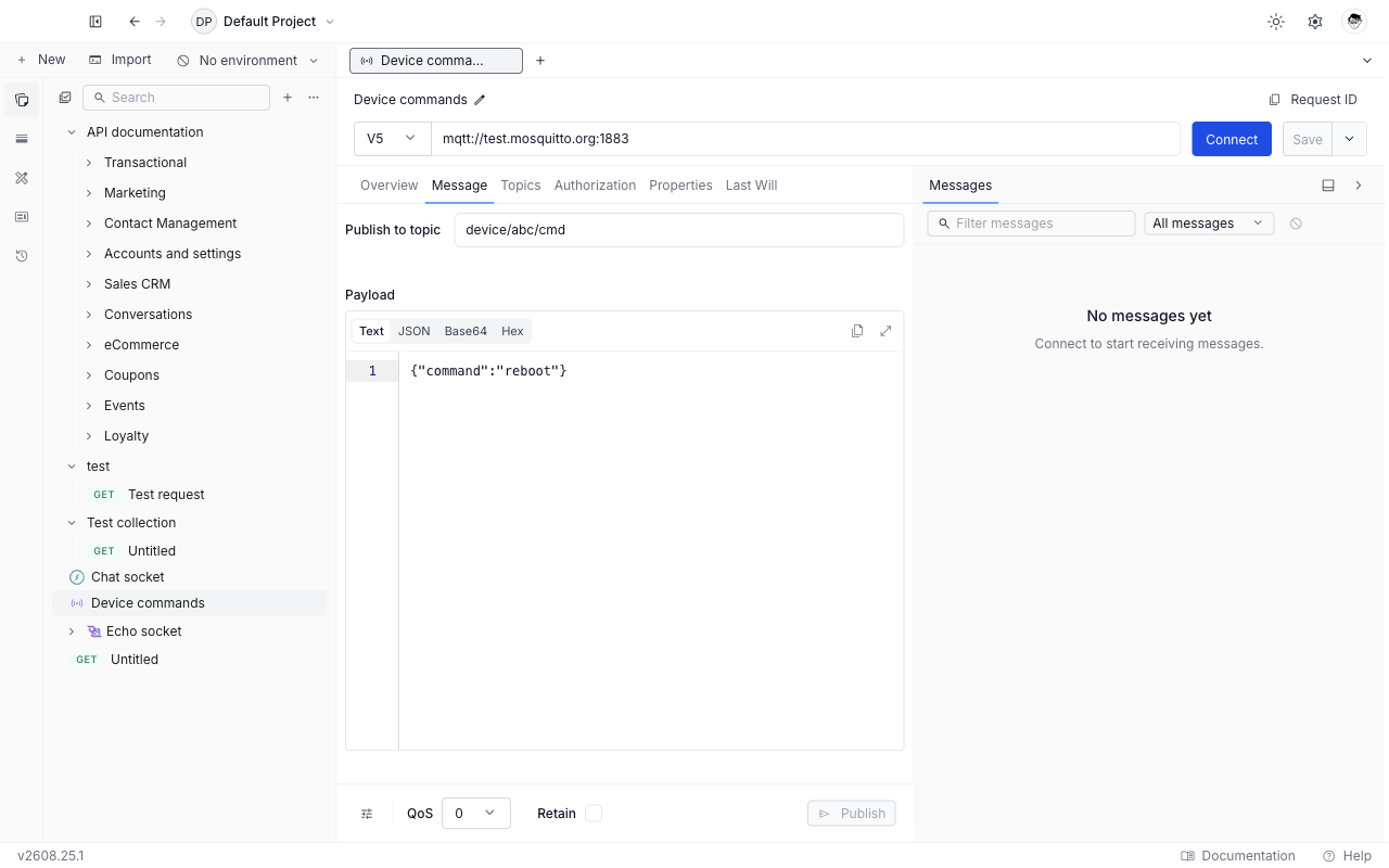 MQTT request editor in Requestly with the broker URL bar, the Message tab open, and the empty message timeline on the right