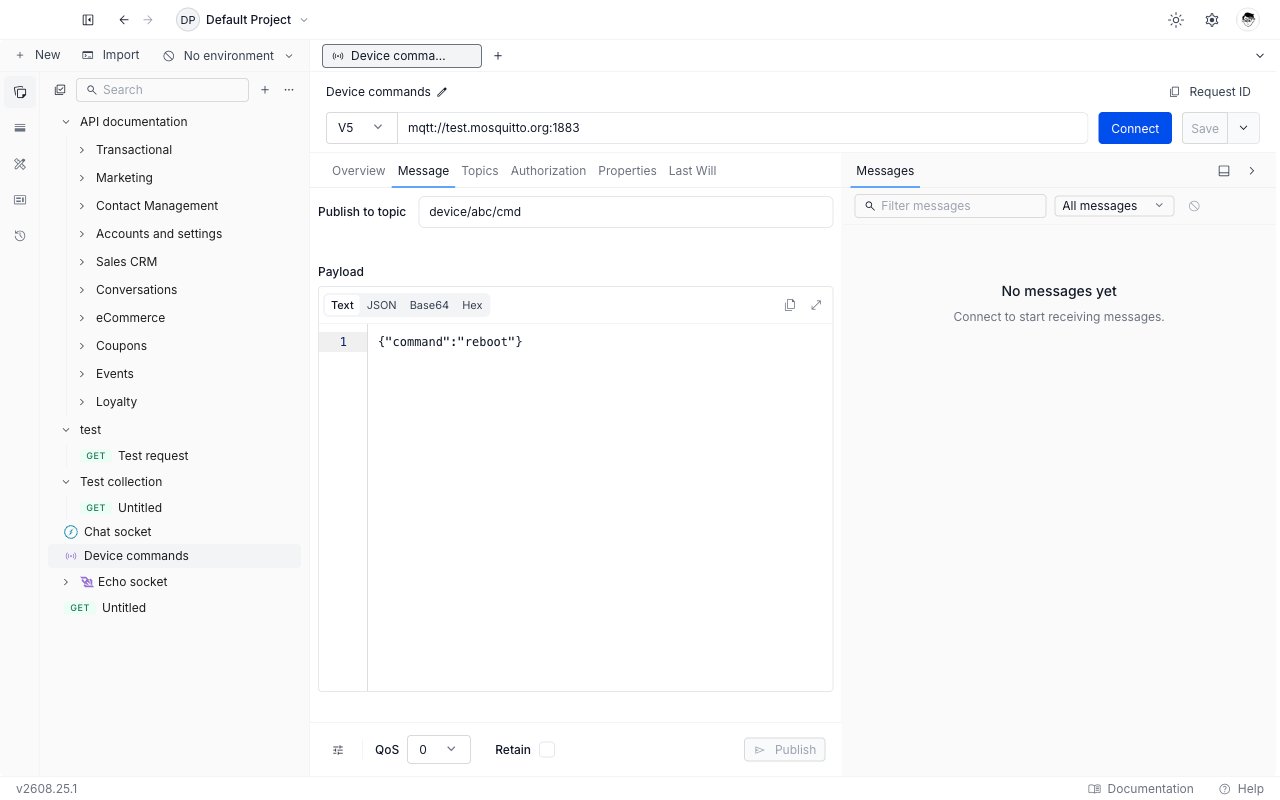MQTT request editor in Requestly with the broker URL bar, the Message tab open, and the empty message timeline on the right