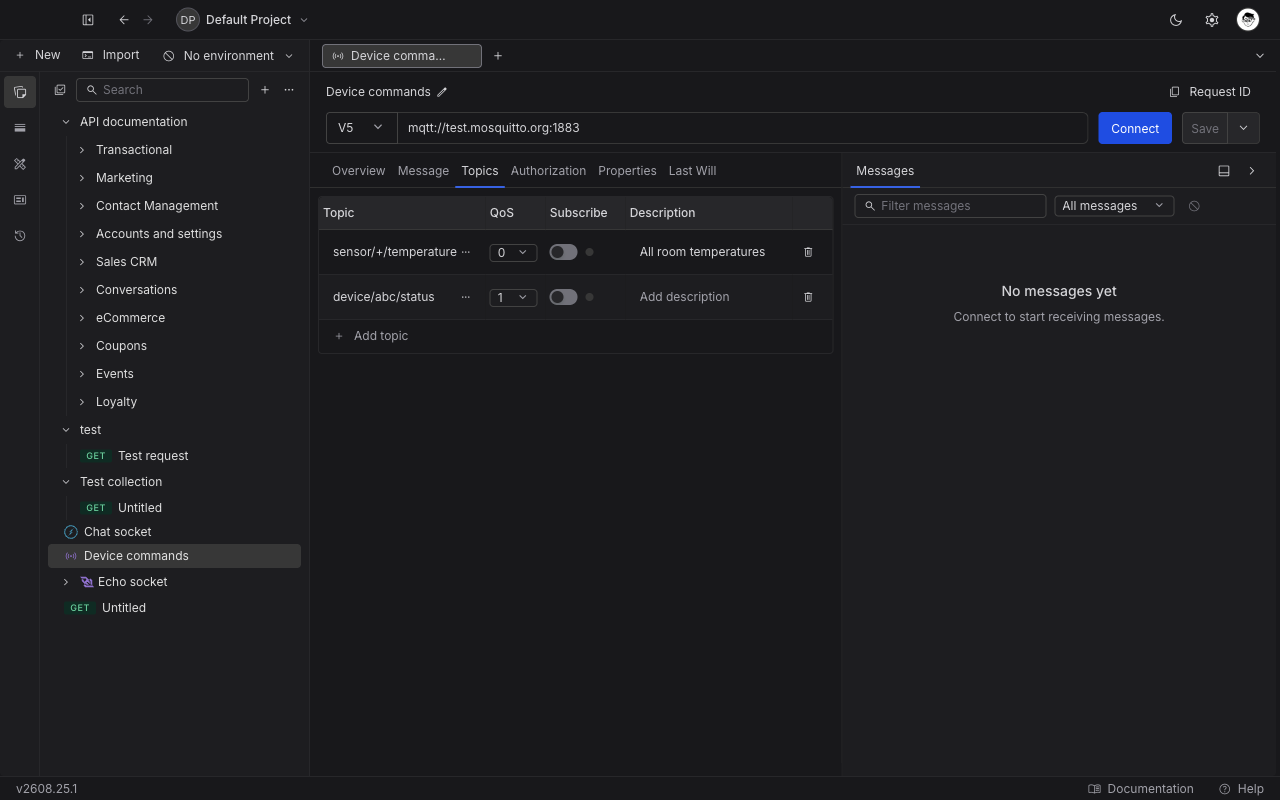 Topics tab of an MQTT request with two topic filter rows, their QoS selectors, Subscribe toggles, status dots, and descriptions
