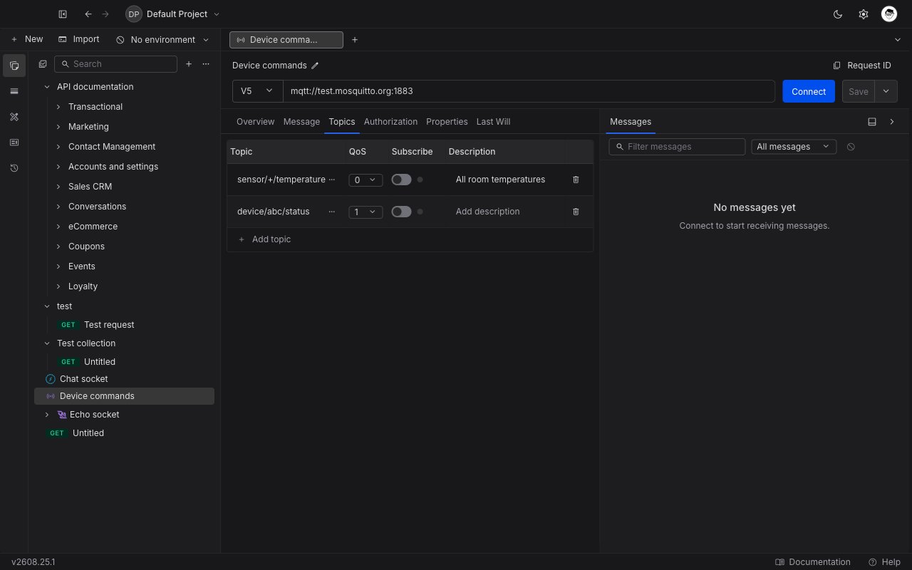 Topics tab of an MQTT request with two topic filter rows, their QoS selectors, Subscribe toggles, status dots, and descriptions