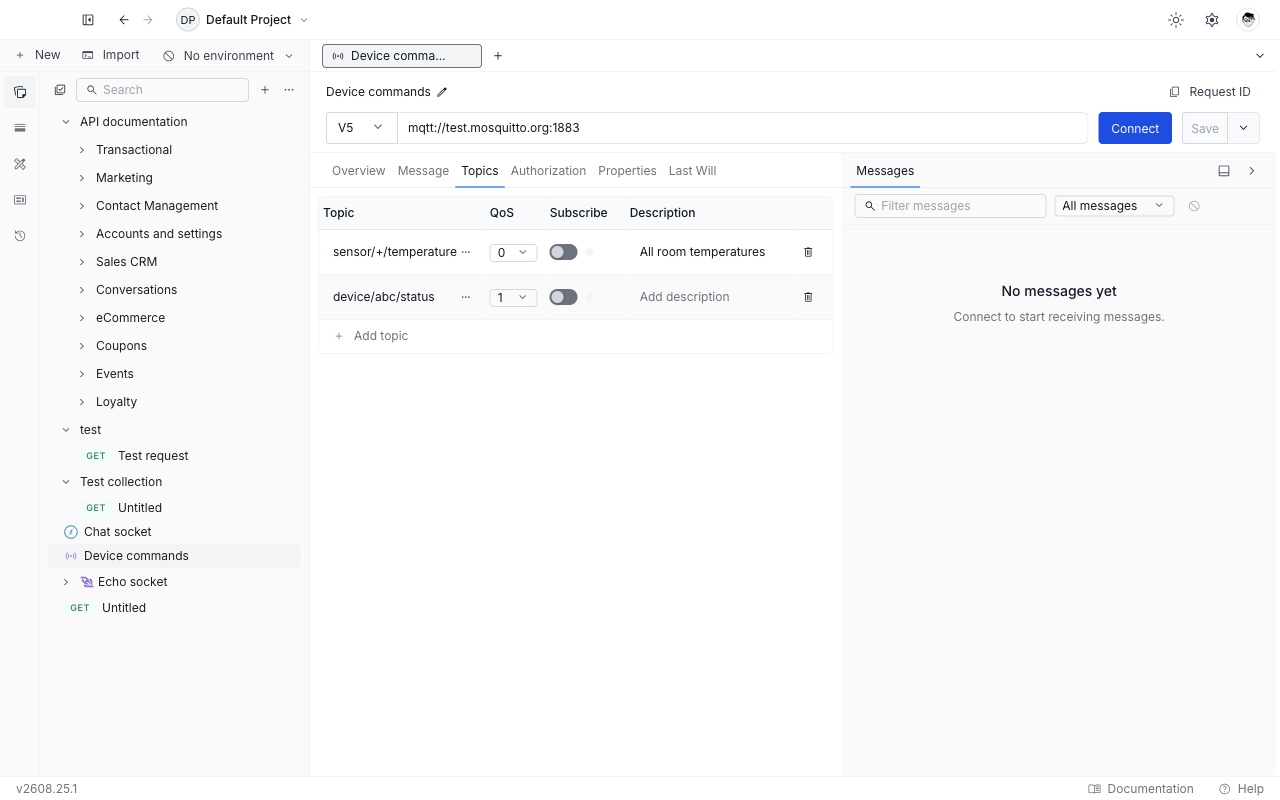 Topics tab of an MQTT request with two topic filter rows, their QoS selectors, Subscribe toggles, status dots, and descriptions