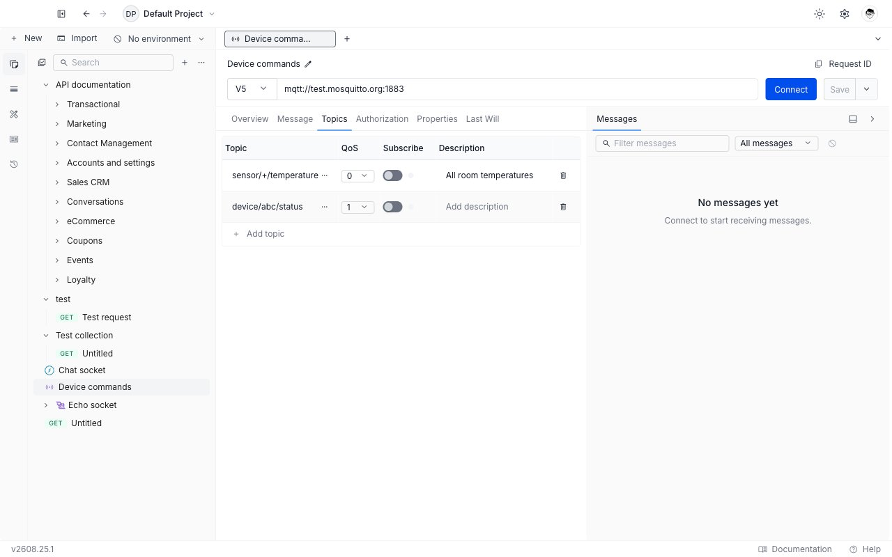 Topics tab of an MQTT request with two topic filter rows, their QoS selectors, Subscribe toggles, status dots, and descriptions