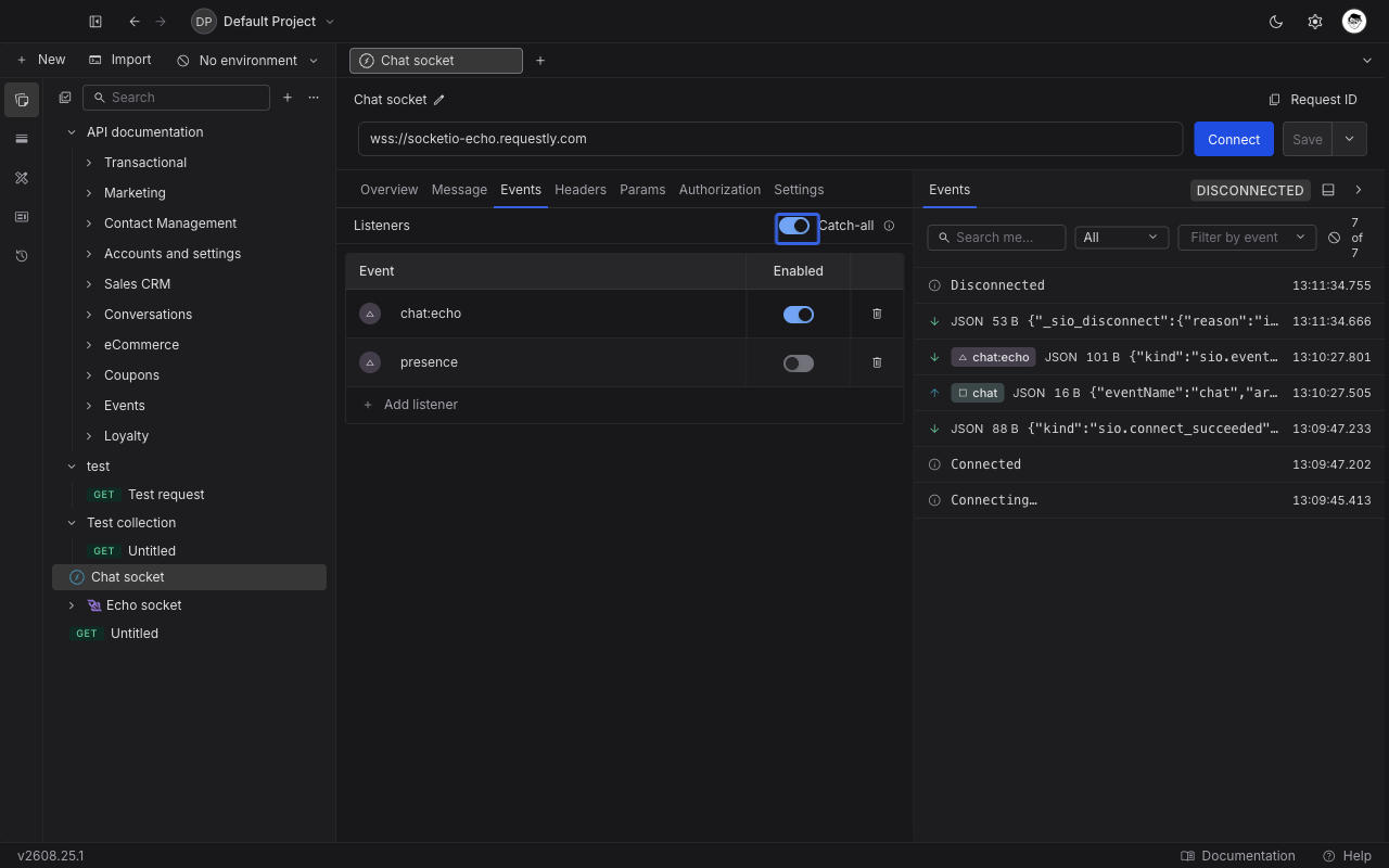 Events tab of a Socket.IO request in Requestly showing a table of named listeners with colored chips, per-row enable switches, and the Catch-all toggle in the header