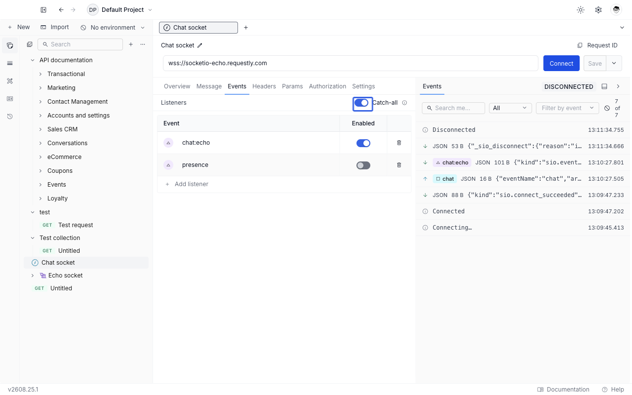 Events tab of a Socket.IO request in Requestly showing a table of named listeners with colored chips, per-row enable switches, and the Catch-all toggle in the header