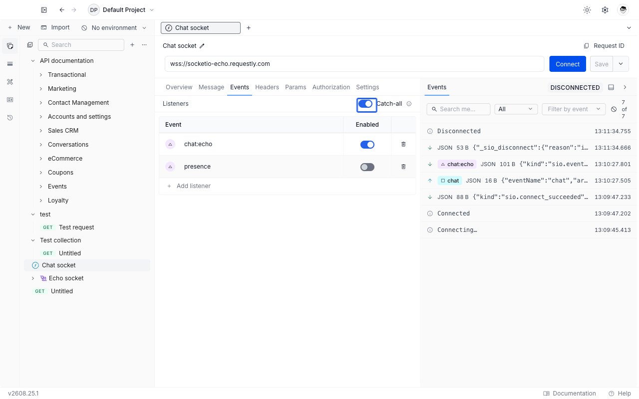 Events tab of a Socket.IO request in Requestly showing a table of named listeners with colored chips, per-row enable switches, and the Catch-all toggle in the header