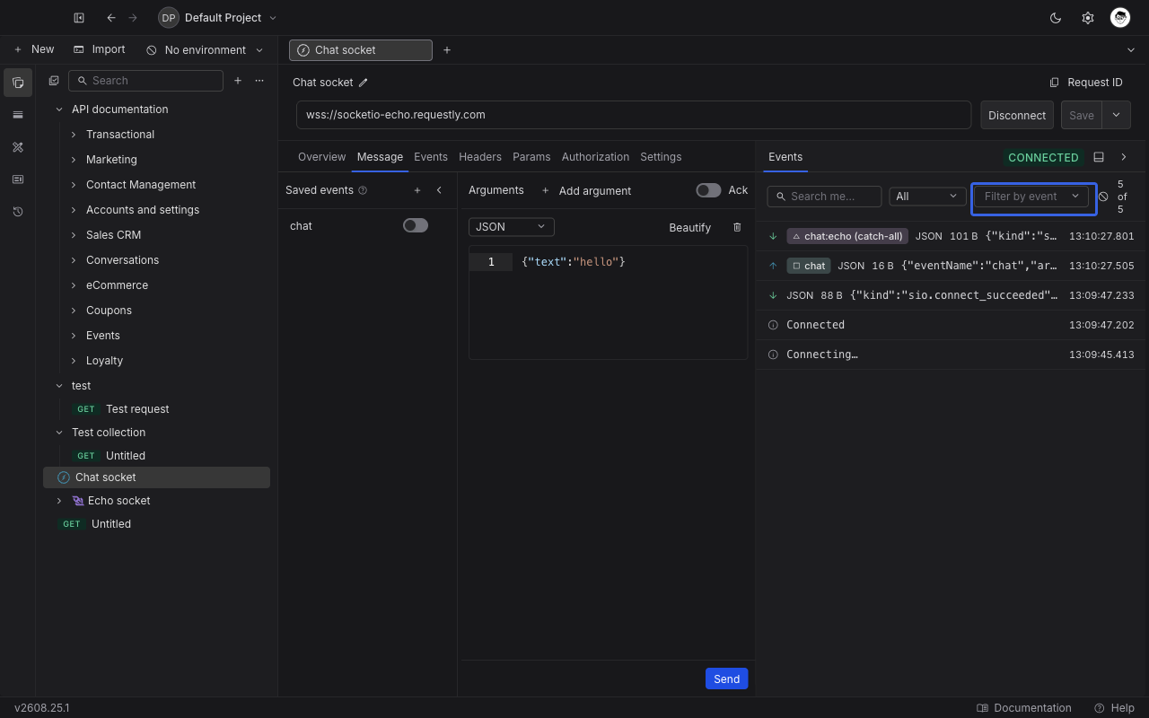 Socket.IO request editor in Requestly with a connected socket, the Message tab showing an event composer, and emitted and received events in the Timeline panel
