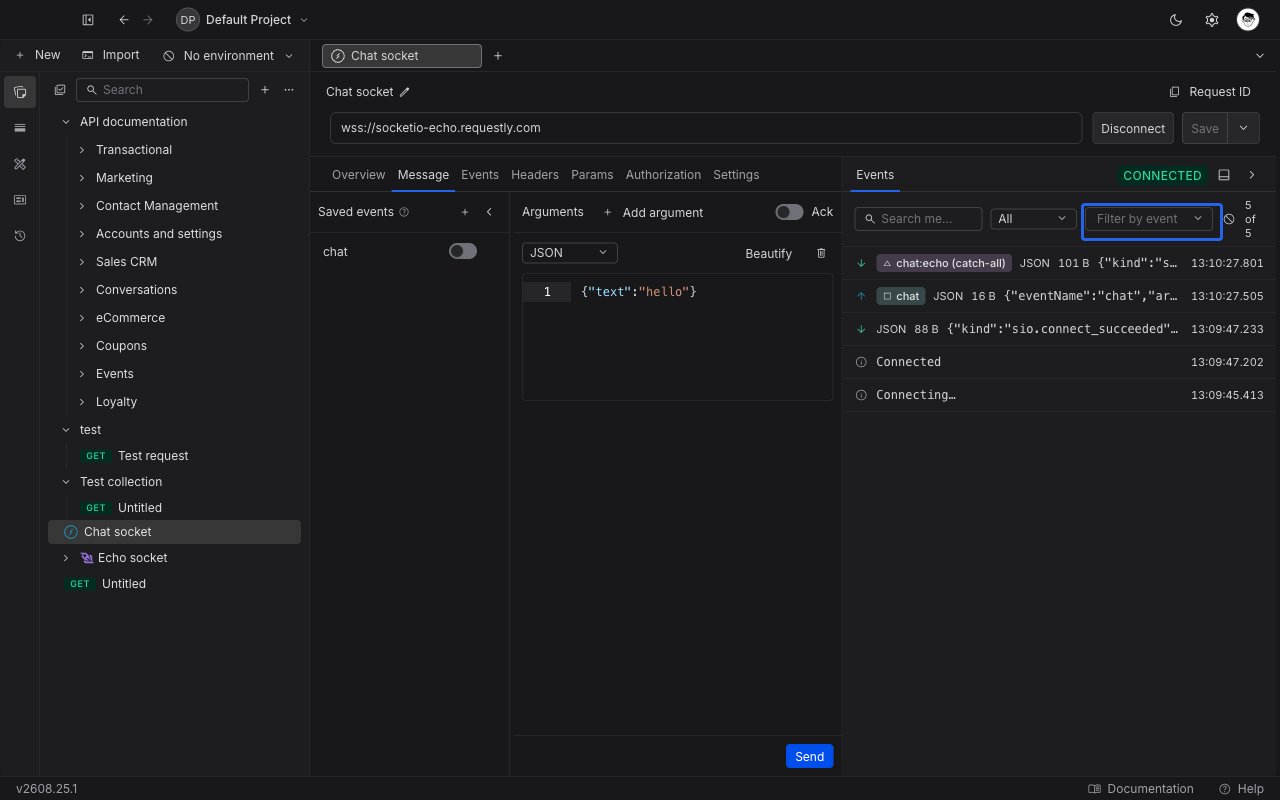 Socket.IO request editor in Requestly with a connected socket, the Message tab showing an event composer, and emitted and received events in the session panel on the right