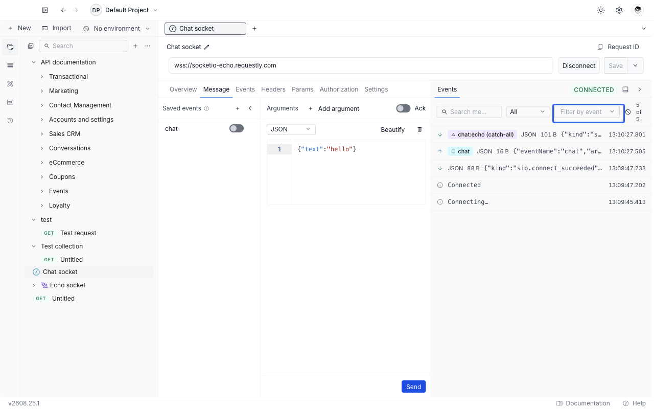 Socket.IO request editor in Requestly with a connected socket, the Message tab showing an event composer, and emitted and received events in the Timeline panel