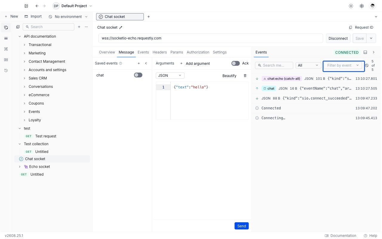 Socket.IO request editor in Requestly with a connected socket, the Message tab showing an event composer, and emitted and received events in the session panel on the right