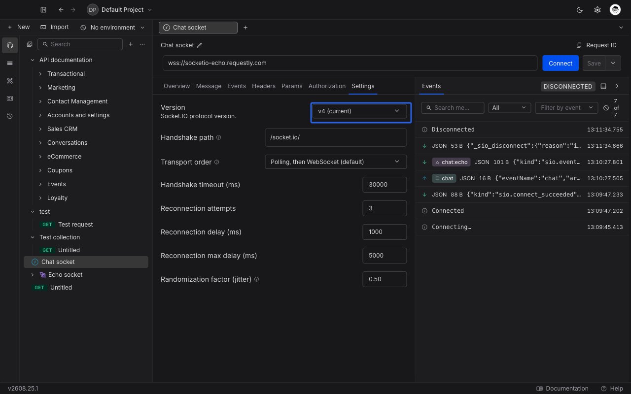 Settings tab of a Socket.IO request in Requestly showing the version selector, handshake path, transport order, handshake timeout, and the reconnection and jitter controls