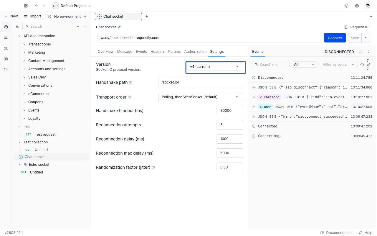Settings tab of a Socket.IO request in Requestly showing the version selector, handshake path, transport order, handshake timeout, and the reconnection and jitter controls