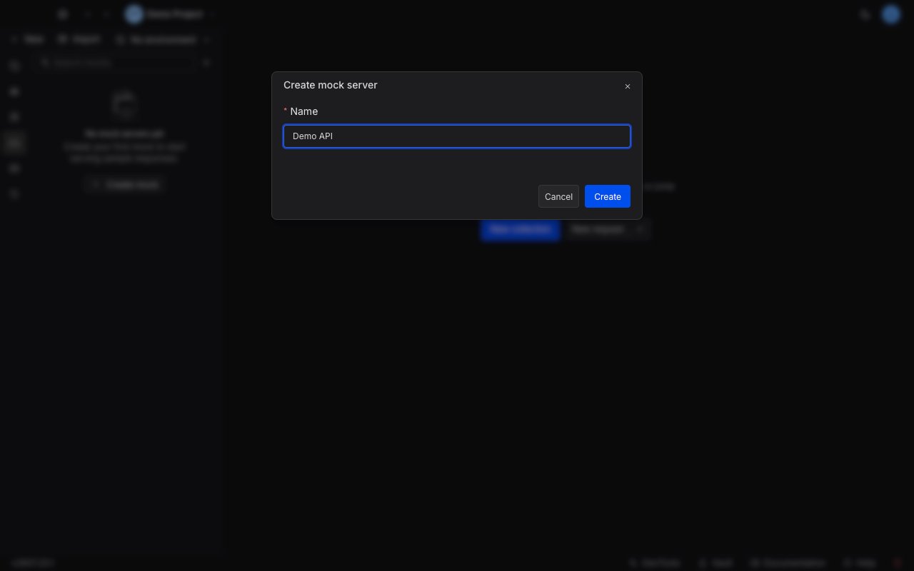 The Create mock server dialog with a name field
