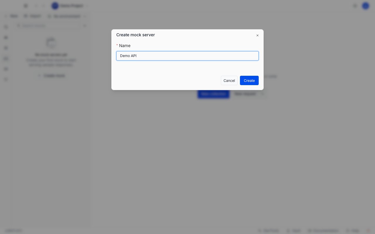 The Create mock server dialog with a name field