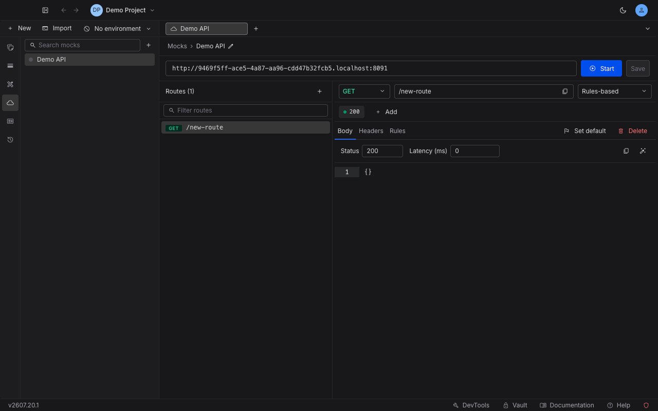 The mock server editor with the routes list on the left and the response configuration pane on the right