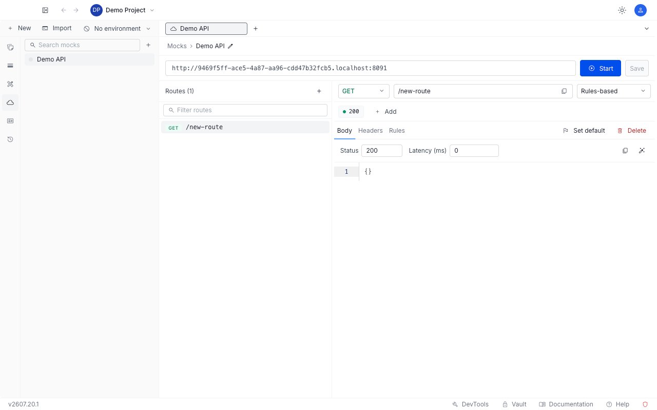 The mock server editor with the routes list on the left and the response configuration pane on the right