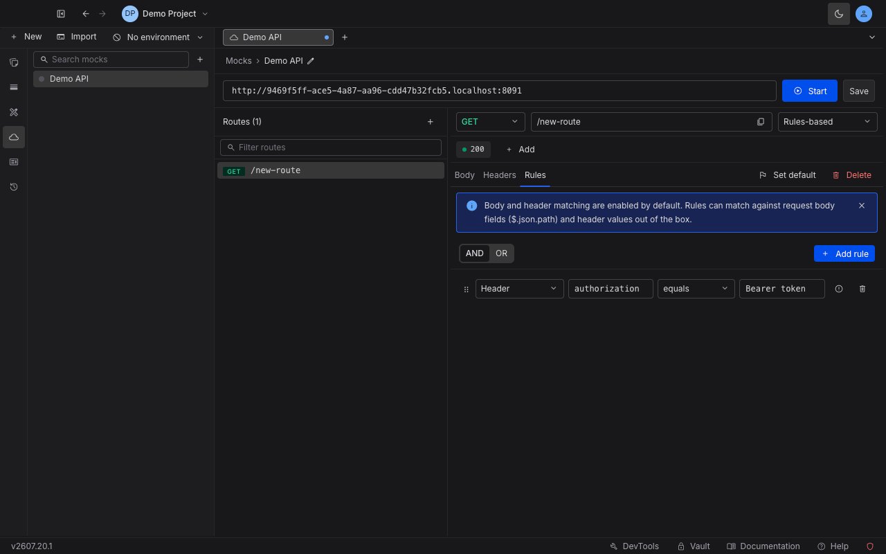 The Rules sub-tab of a mock response showing a rule row with target, property, operator, value, and invert controls