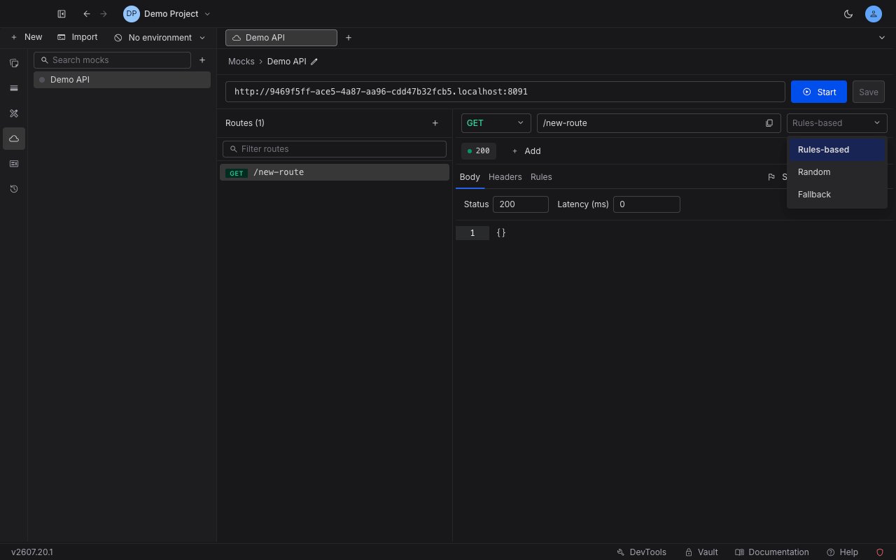 The response selection mode dropdown in the mock editor showing Rules-based, Random, and Fallback options