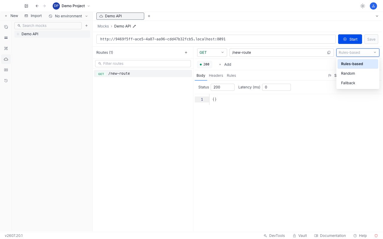 The response selection mode dropdown in the mock editor showing Rules-based, Random, and Fallback options
