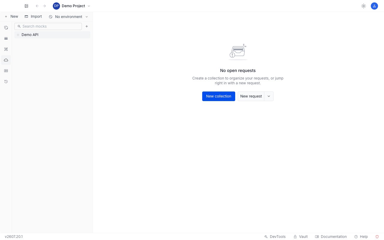 The Mocks section in the API Client sidebar showing a list of mock servers with status dots and a create button