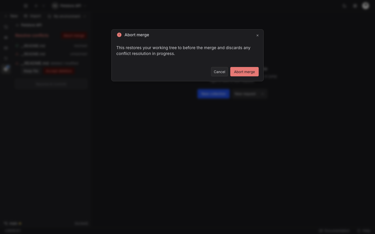 The Abort merge window warning that it restores the working tree to before the merge and discards conflict resolution in progress, with Cancel and Abort merge buttons