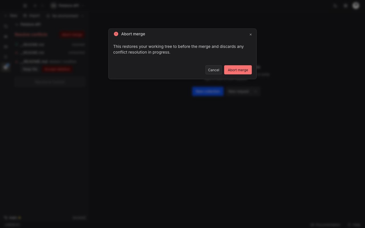 The Abort merge window warning that it restores the working tree to before the merge and discards conflict resolution in progress, with Cancel and Abort merge buttons