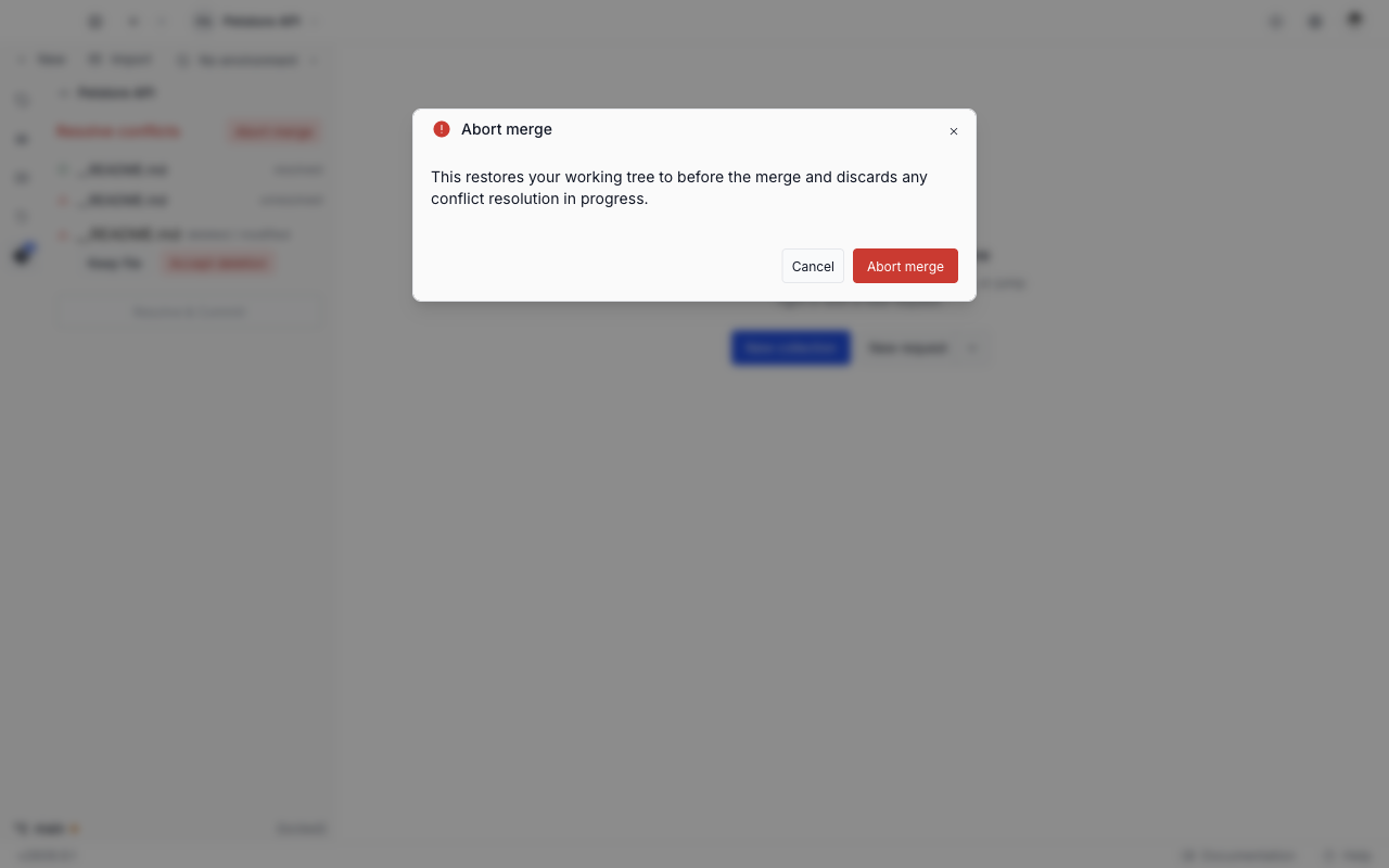 The Abort merge window warning that it restores the working tree to before the merge and discards conflict resolution in progress, with Cancel and Abort merge buttons