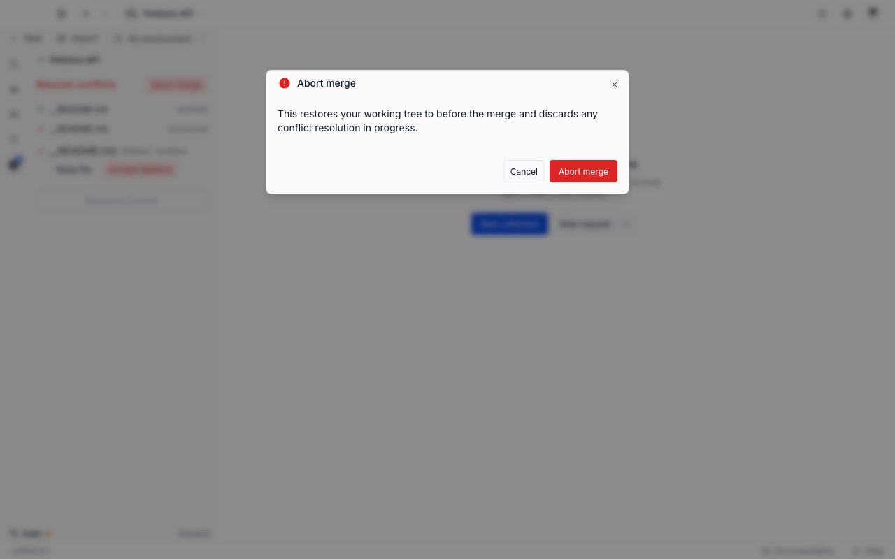 The Abort merge window warning that it restores the working tree to before the merge and discards conflict resolution in progress, with Cancel and Abort merge buttons