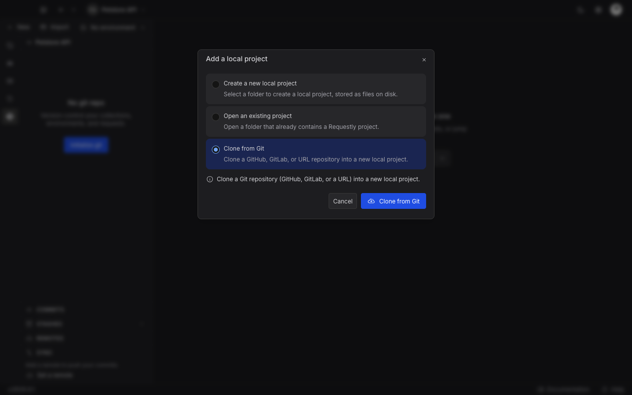 The Add a local project dialog with three options, Clone from Git selected, and Cancel and Clone from Git buttons