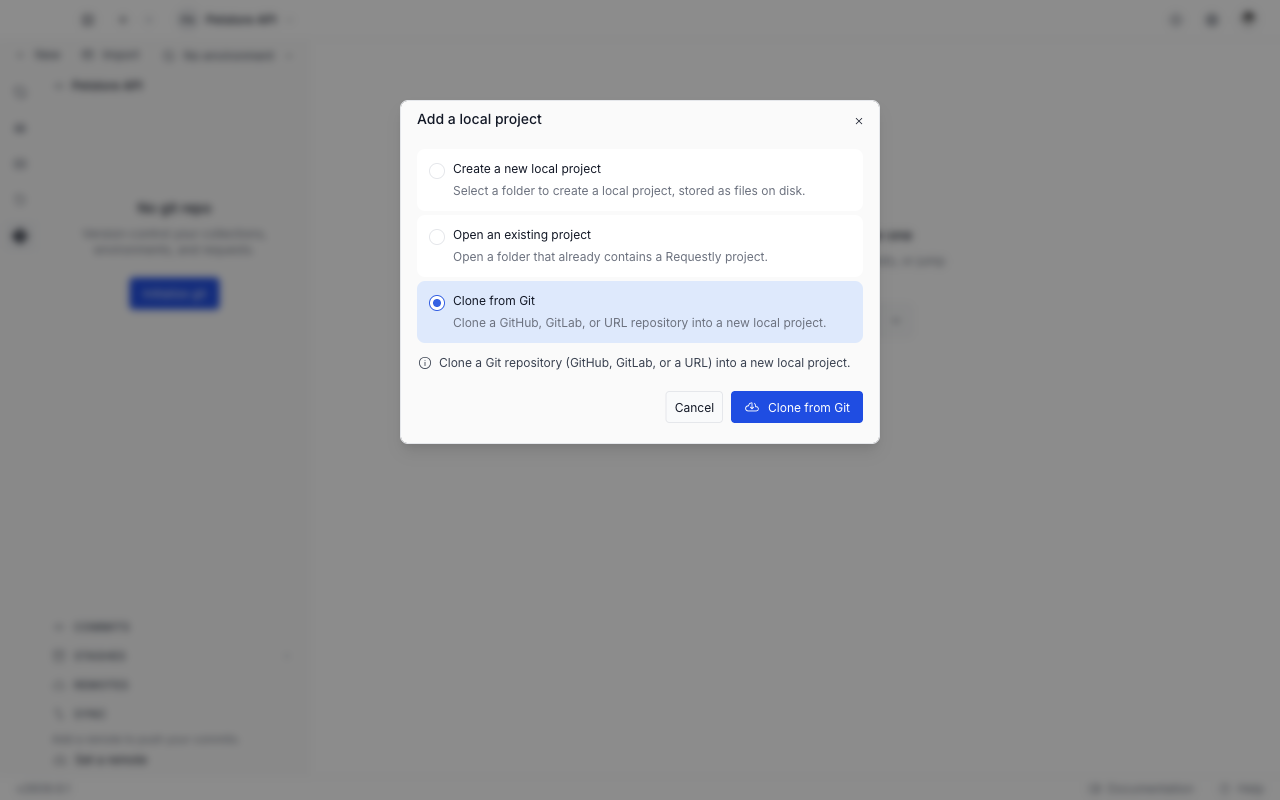 The Add a local project dialog with three options, Clone from Git selected, and Cancel and Clone from Git buttons