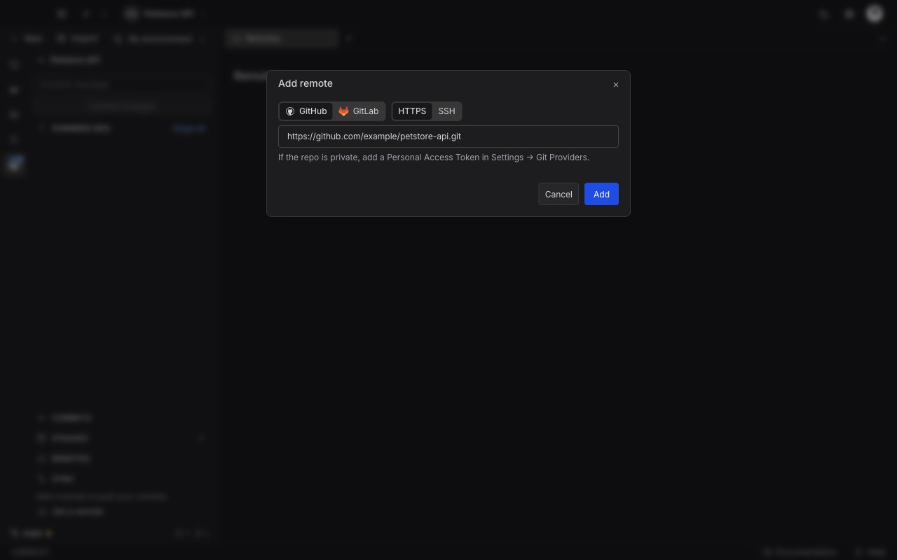 The Add remote window with the GitHub and GitLab toggle, the HTTPS and SSH toggle, a filled repository URL, the personal access token hint, and Cancel and Add buttons