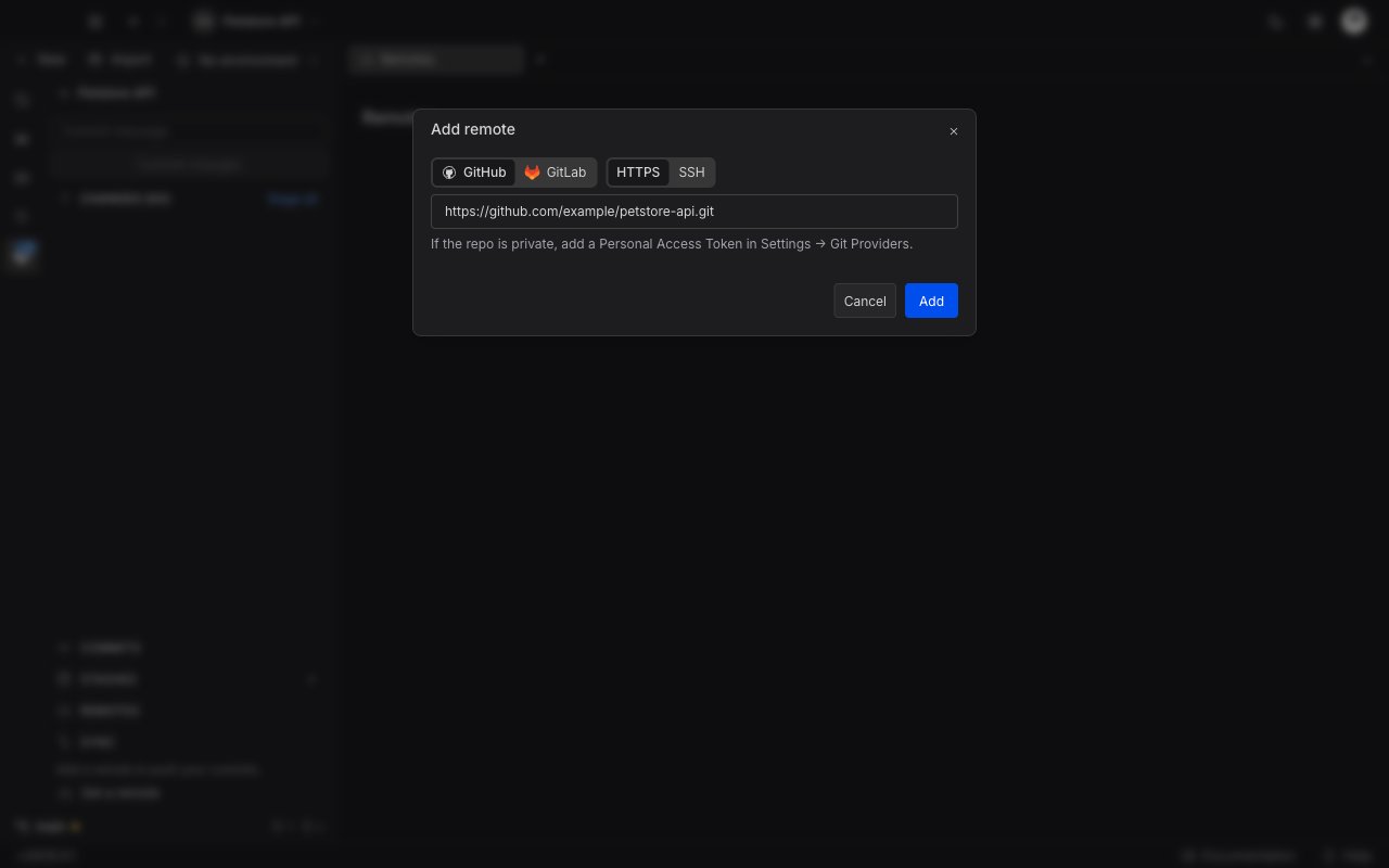 The Add remote window with the GitHub and GitLab toggle, the HTTPS and SSH toggle, a filled repository URL, the personal access token hint, and Cancel and Add buttons