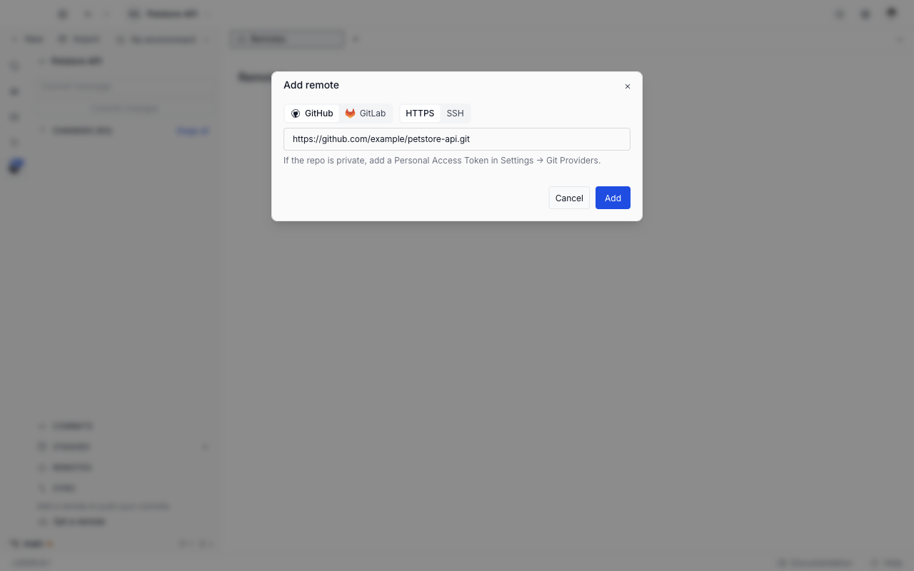The Add remote window with the GitHub and GitLab toggle, the HTTPS and SSH toggle, a filled repository URL, the personal access token hint, and Cancel and Add buttons