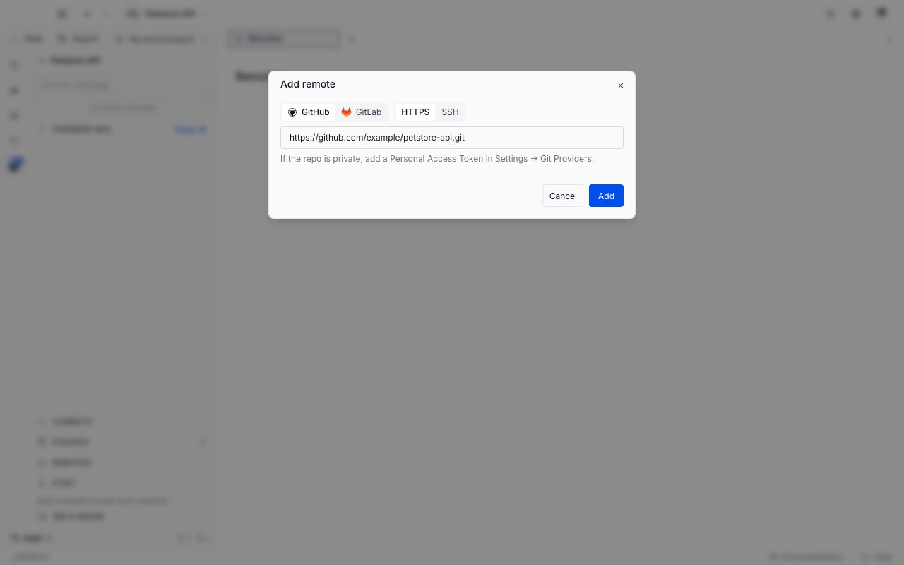 The Add remote window with the GitHub and GitLab toggle, the HTTPS and SSH toggle, a filled repository URL, the personal access token hint, and Cancel and Add buttons
