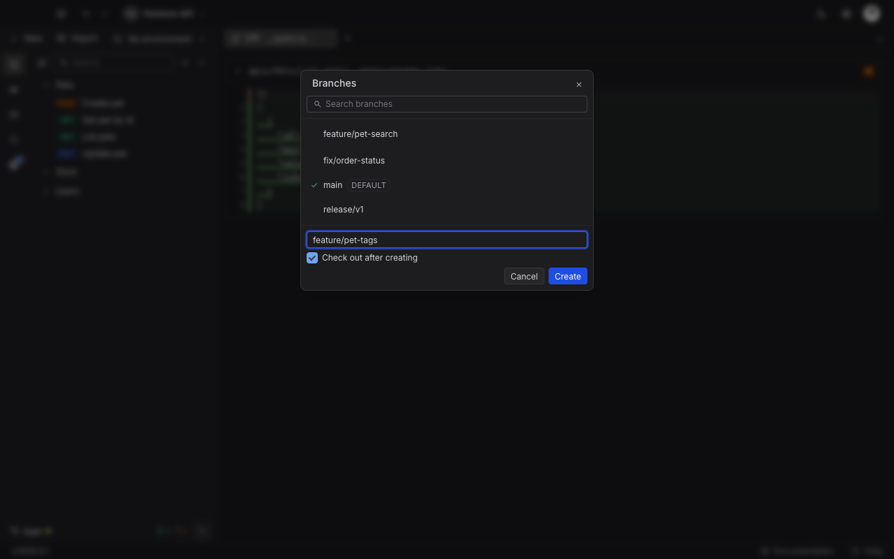 The Branches window with the create composer open at the bottom, a new branch name typed in, the Check out after creating box selected, and Cancel and Create buttons