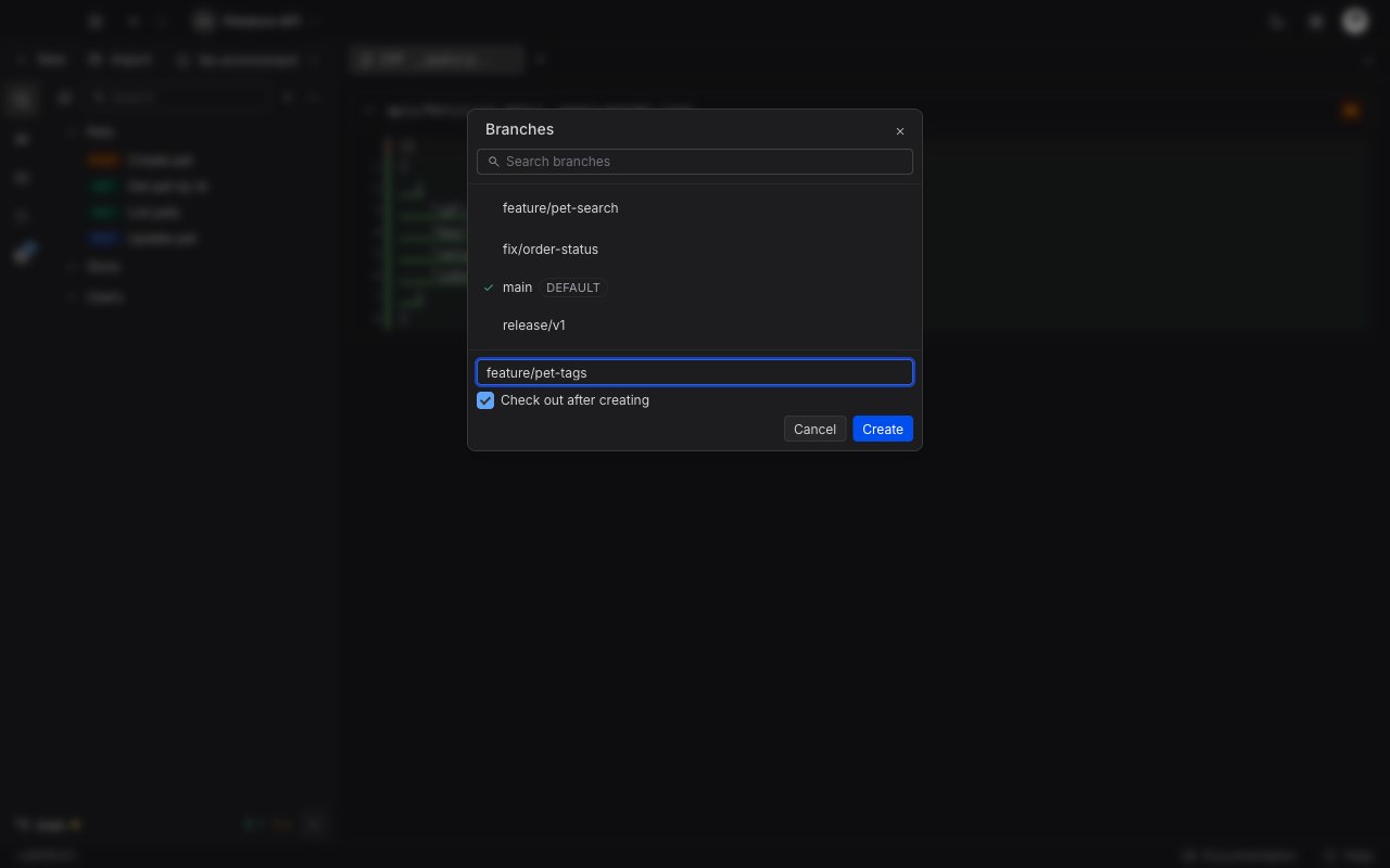 The Branches window with the create composer open at the bottom, a new branch name typed in, the Check out after creating box selected, and Cancel and Create buttons