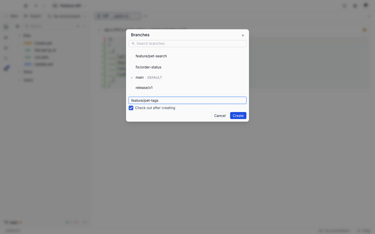 The Branches window with the create composer open at the bottom, a new branch name typed in, the Check out after creating box selected, and Cancel and Create buttons