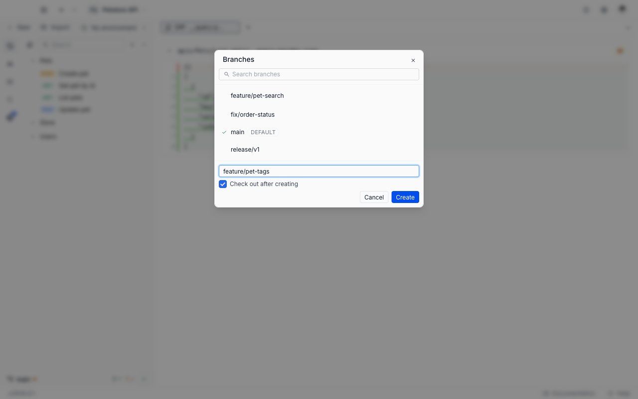 The Branches window with the create composer open at the bottom, a new branch name typed in, the Check out after creating box selected, and Cancel and Create buttons