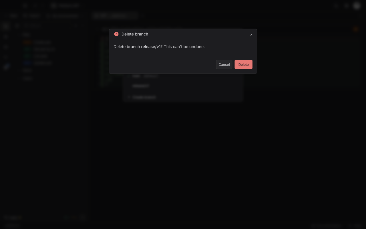 The Delete branch dialog asking to delete the release slash v1 branch and warning that it cannot be undone, with Cancel and Delete buttons
