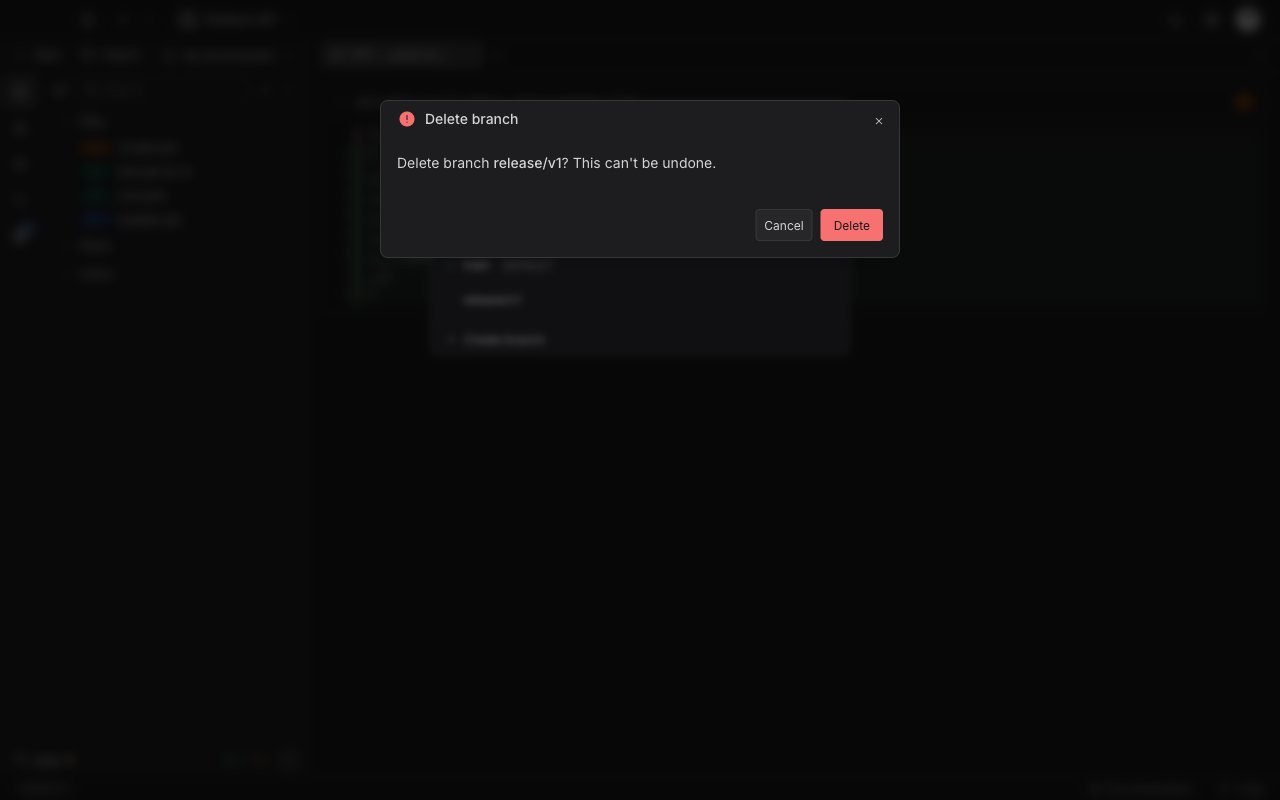 The Delete branch dialog asking to delete the release slash v1 branch and warning that it cannot be undone, with Cancel and Delete buttons