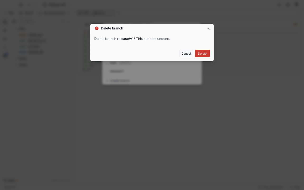 The Delete branch dialog asking to delete the release slash v1 branch and warning that it cannot be undone, with Cancel and Delete buttons