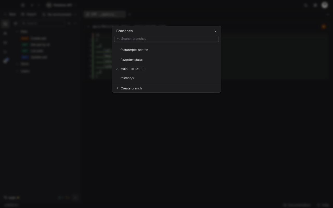 The Branches window listing four local branches, with a check beside main, a DEFAULT tag next to it, a search box above, and a Create branch row below