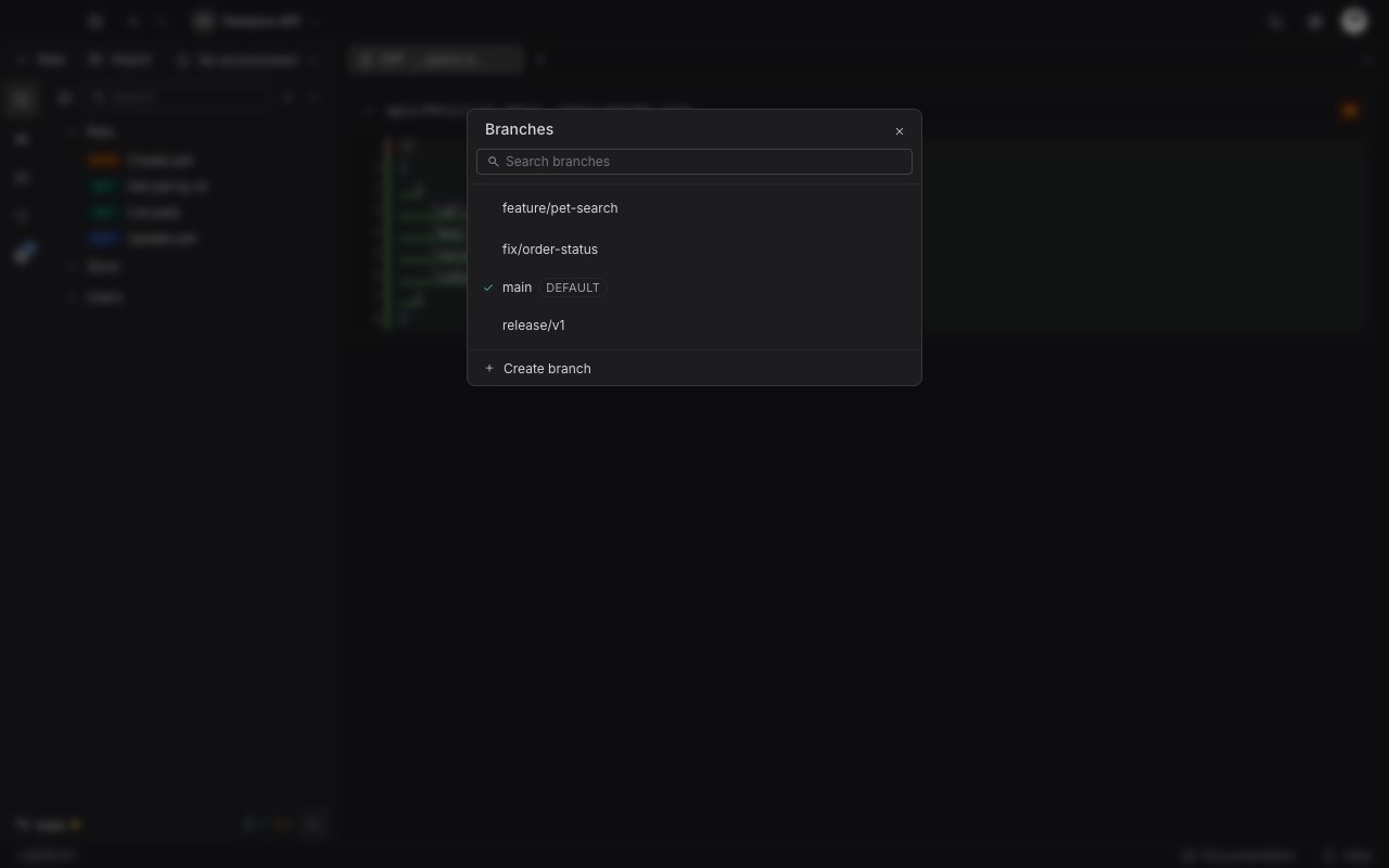 The Branches window listing four local branches, with a check beside main, a DEFAULT tag next to it, a search box above, and a Create branch row below