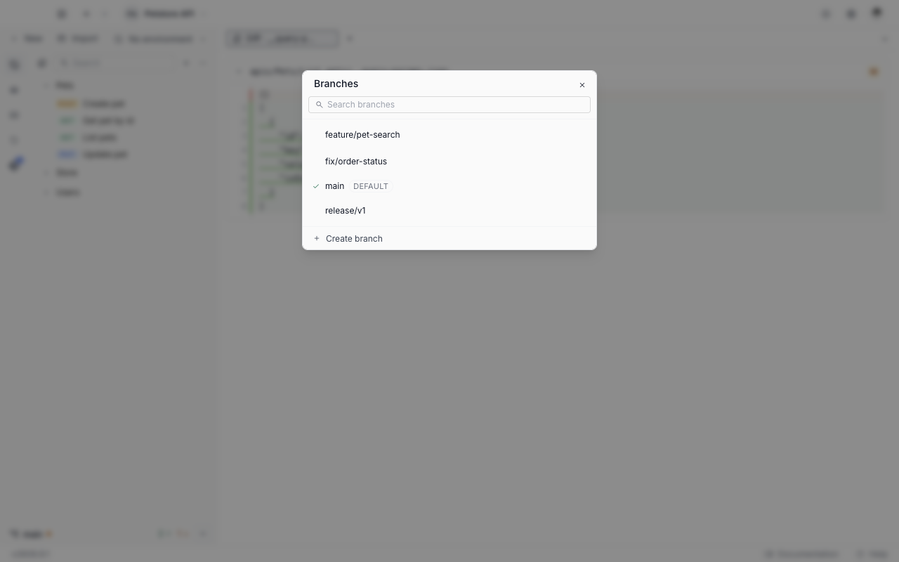 The Branches window listing four local branches, with a check beside main, a DEFAULT tag next to it, a search box above, and a Create branch row below