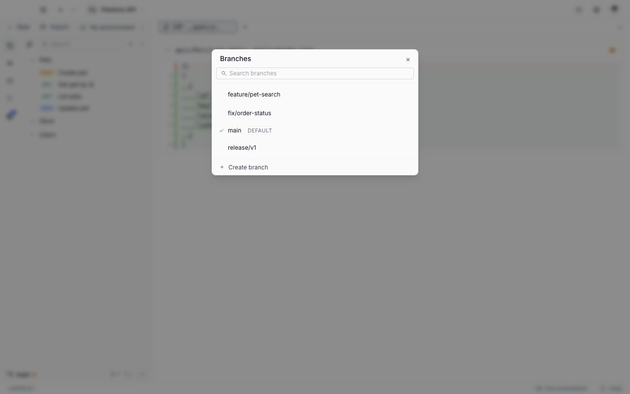 The Branches window listing four local branches, with a check beside main, a DEFAULT tag next to it, a search box above, and a Create branch row below