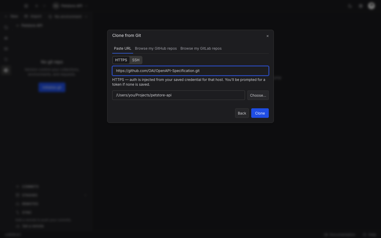 The Clone from Git dialog on the Paste URL tab, with an HTTPS repository URL, a chosen destination folder, and Back and Clone buttons